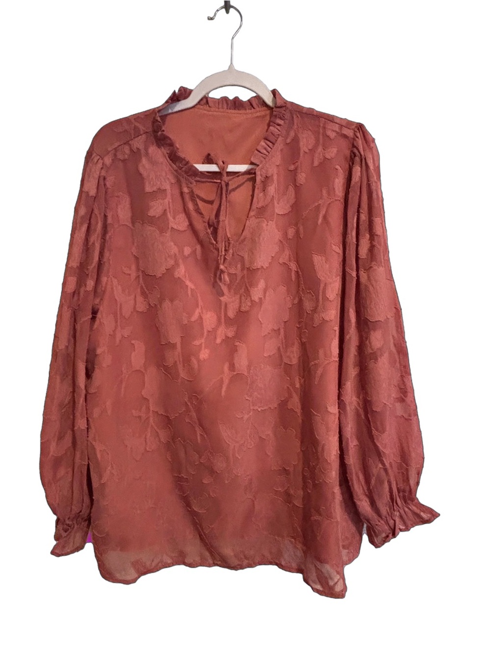 Dusty Rose Floral Burnout Blouse - 2X - Ruffle Neck Tie Front - Boutique